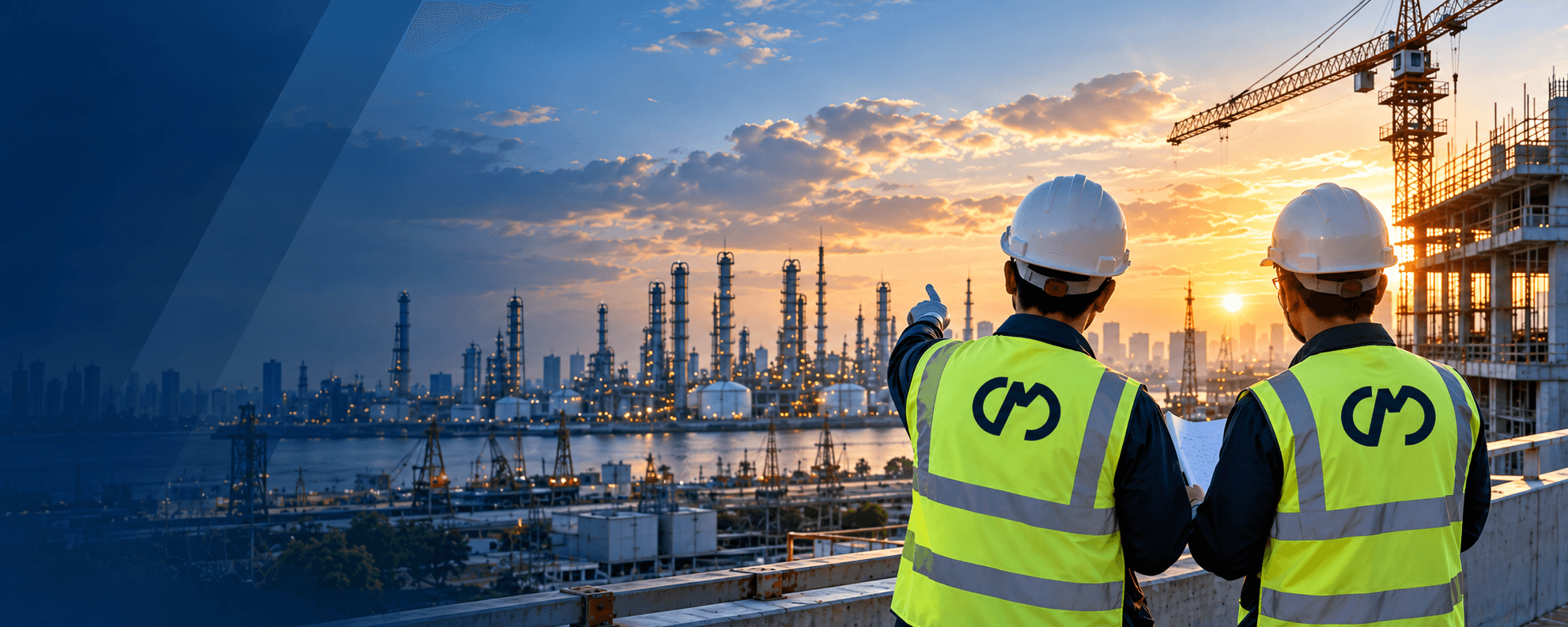 Champion Management Services safety professionals overlooking an industrial site at sunset
